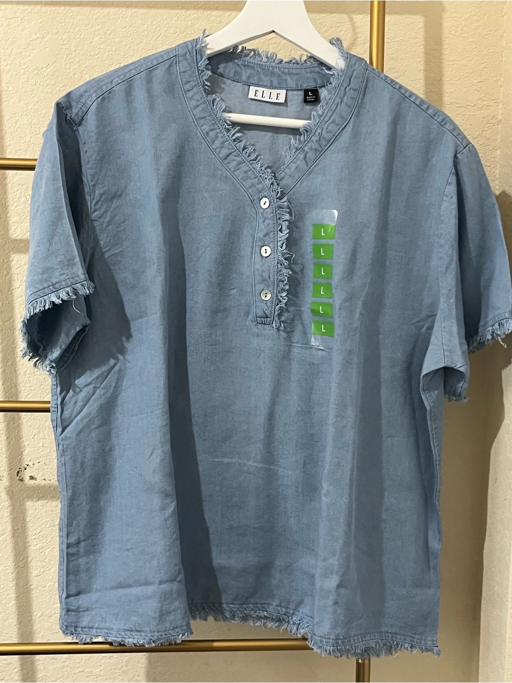 ELLE Light Blue Frayed-Trim Short Sleeve Henley Shirt